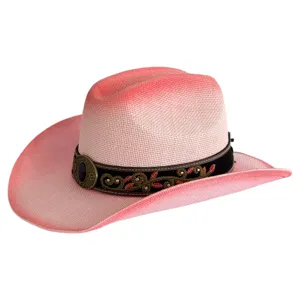 Pink gradient western cowboy straw hat with embroidered band and metal buckle for summer vacation.
