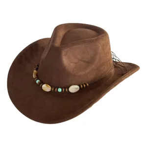 Brown suede western cowboy hat for men and women, wide brim jazz fedora with tribal beads.