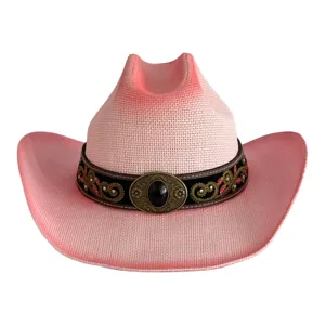 Pink western cowboy hat detail, retro embroidered hatband, stylish summer sun straw hat.