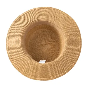 Classic straw sun hat for summer beach outdoor travel, flat top fedora sun protection cap.
