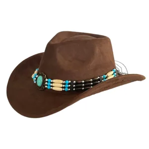 Detailed view of brown western cowboy hat featuring bohemian turquoise and beaded hat band.