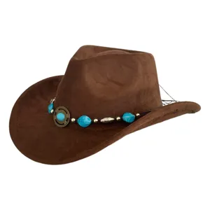 Brown suede cowboy hat detail view featuring turquoise stone bead band for vintage western look
