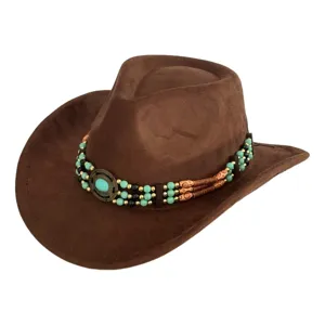 Vintage brown suede western cowboy hat for men and women, wide brim jazz hat with turquoise beads.
