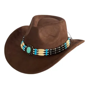 Vintage suede western cowboy hat for men and women with turquoise beads jazz hat wide brim