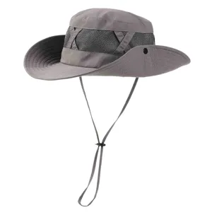 Cappello da sole grigio da esterno con corona in rete traspirante e sottogola.
