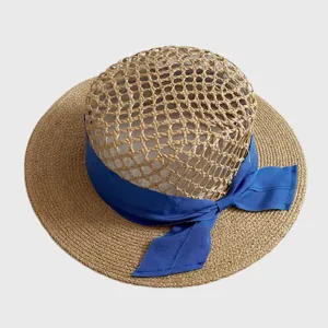 Women Vacation Raffia Straw Hat Hollow Flat Top Sun Protection Panama Hat With Elegant Ribbon Bowknot For Beach Travel