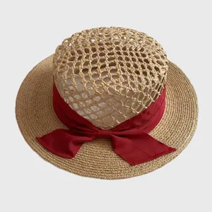 Resort style women straw hat, hollow flat top raffia beach hat with red bow, sun protection.