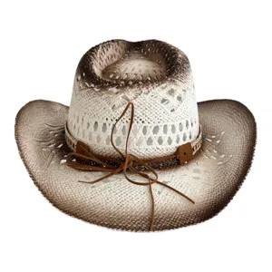 Dames western cowboy strohoed met opengewerkt design, verloopkleur en leren koord.