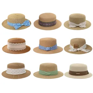 Frans Elegant Papierstro Boater Hoed Vrouwen Zomer Vakantie Strand Zonnehoed Strik Zonnebescherming Hoed Strohoed