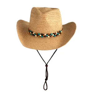 Stijlvolle strooien cowboyhoed met houten kralen en kinband voor strandvakantie.