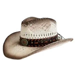 Opengewerkt westers cowboy strohoed voor vrouwen, zomervakantie stijl retro geweven jazz hoed detail.