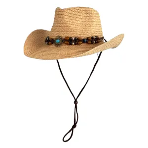 Strohoed cowboyhoed voor dames heren zomer strand zonnehoed western hoed met kralenband