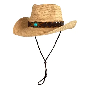 Raffia stro cowboyhoed voor strandvakantie in de zomer, zonnehoed met lederen band en koord.