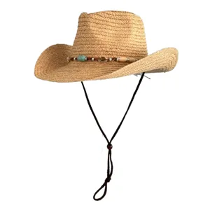Dames raffia western cowboy zonnehut zomer strand strohoed met kraalband en kinband