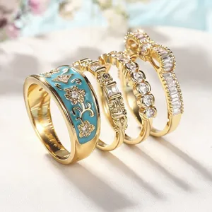 Gedetailleerde close-up van retro ringenset met turquoise emaillen bloem en heldere kristallen.
