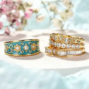 Vintage paleis stijl ring set, gedetailleerd blauw email en sprankelend kristal stapelbaar design.