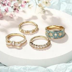 Detail van een vierdelige vintage ringenset met strik en blauw geëmailleerd bloemenpatroon.