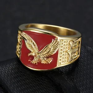 Anillo Sello Águila Oro Hombre Vintage Esmalte Rojo Cruz Gótica Joyería Moda
