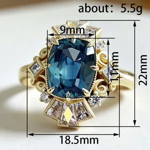 Vintage court style carved blue zircon ring with cushion gemstone and detailed sizing annotations.