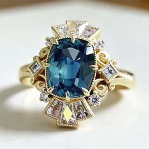 Vintage Court Style Copper Ring For Women European Carved Blue Zirconia Glass Geometric Finger Ring Fashion Jewelry
