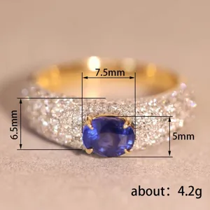 Classic oval blue sapphire micro pave ring luxury gold plated fashion jewelry for women