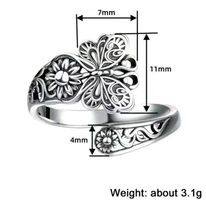 Französischer Vintage Schmetterling Blume offener Kupferring Detail Ansicht mit Maßen.