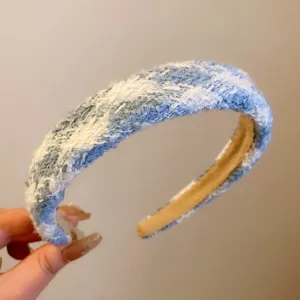 Serre-tête large en tweed bleu, cerceau à cheveux en peluche douce, accessoire tricoté