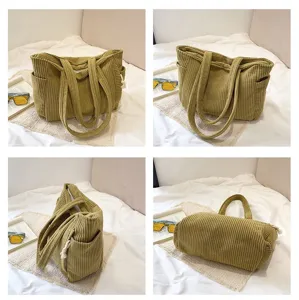 Corduroy tote bag for women, retro large capacity shoulder bag, solid color casual handbag.