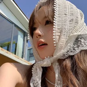 Floral lace headscarf for women, breathable sheer triangle hair band for summer sun protection.