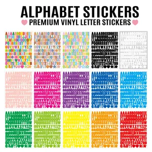 Detailed close-up of colorful vinyl alphabet and number sticker sheets for DIY crafts.