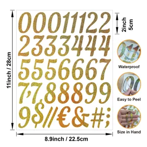 Glitter gold number stickers detail view, 2 inch waterproof adhesive DIY labels for craft.