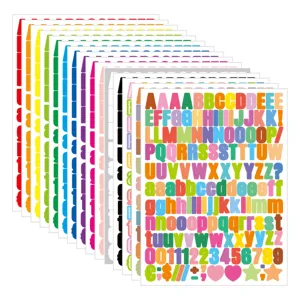 Close-up detail of colorful alphabet and number sticker sheets, bold font, multi-color DIY set