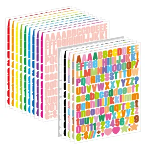 Colorful letter and number sticker sheets, waterproof vinyl DIY alphabet labels for crafts.
