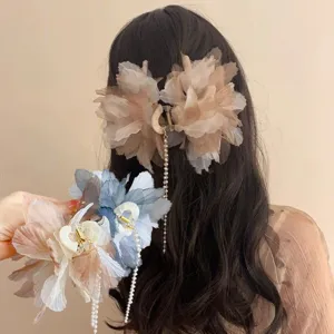 French Feather Hair Claw Clip Large Shark Clip Elegant Mesh Pearl Tassel Hair Accessories For Women Styling