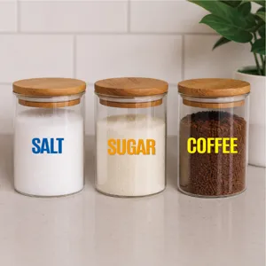Glass storage jars set with wooden lids for kitchen coffee sugar salt pantry organization item