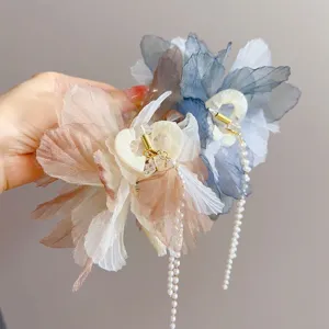 French sheer flower hair claw with elegant pearl tassel fringe for women and girls daily wear
