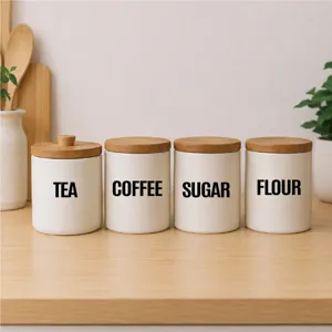 Ceramic storage jars set with wooden lids kitchen food containers airtight canisters 4pcs