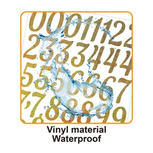 Detailed view of waterproof glitter vinyl number stickers, self-adhesive DIY sparkly labels.