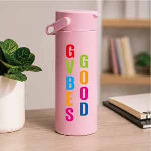 Pink insulated water bottle with portable handle and colorful letter print for daily use.