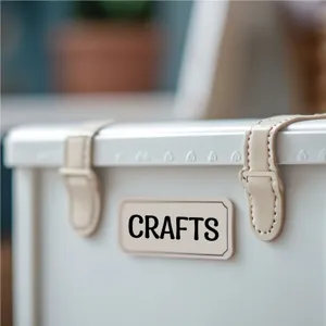 Decoratieve opbergdoos met lederen bandjes en crafts label voor thuisorganisatie en diy.