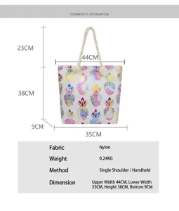 Sac cabas en toile avec imprime ananas metallique colore et poignees en corde, sac chic.