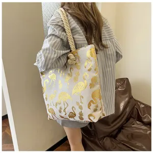 Sac cabas en toile avec imprimé flamant rose doré, anses en corde, sac d'épaule.