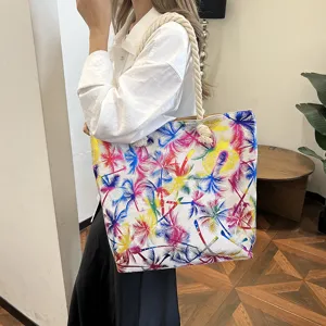 Sac cabas en toile décontracté avec poignées en corde épaisse et imprimé tropical coloré pour femme.