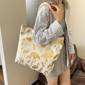 Sac cabas en toile flamant rose doré avec anses en corde sac à épaule décontracté