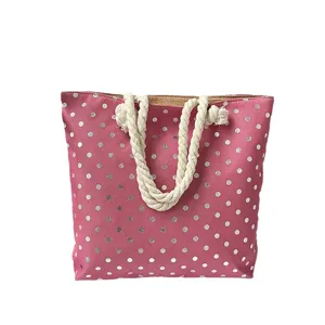 Sac cabas rose à pois avec poignées en corde épaisse sac à main de plage décontracté