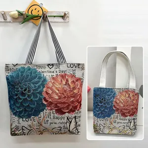 Vintage τσάντα tote από υφασμένο καμβά με λουλούδια και λουρί ώμου, κομψή τσάντα φοιτήτριας