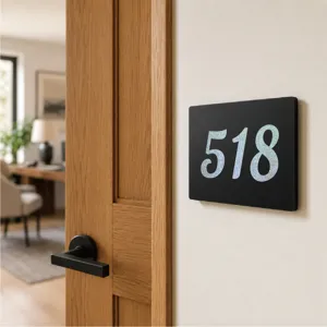 Modern black door number 518 sign with glitter silver finish, self-adhesive DIY home label.