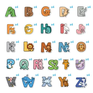 Gedetailleerd overzicht van leuke schattige dieren alfabet stickers voor letters van A tot Z.