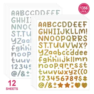Set de stickers lettres paillettes 0.5 pouce alphabet chiffres dore argente bricolage.