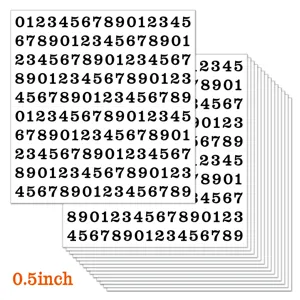 Vue détaillée de la feuille d'autocollants numérotés en vinyle étanche de 0,5 pouce pour bureau.